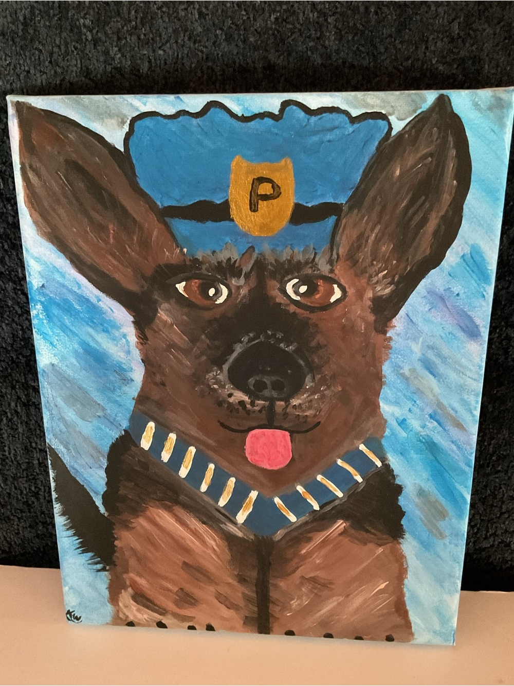 Acrylic Painting whimsical German Shephard police dog.